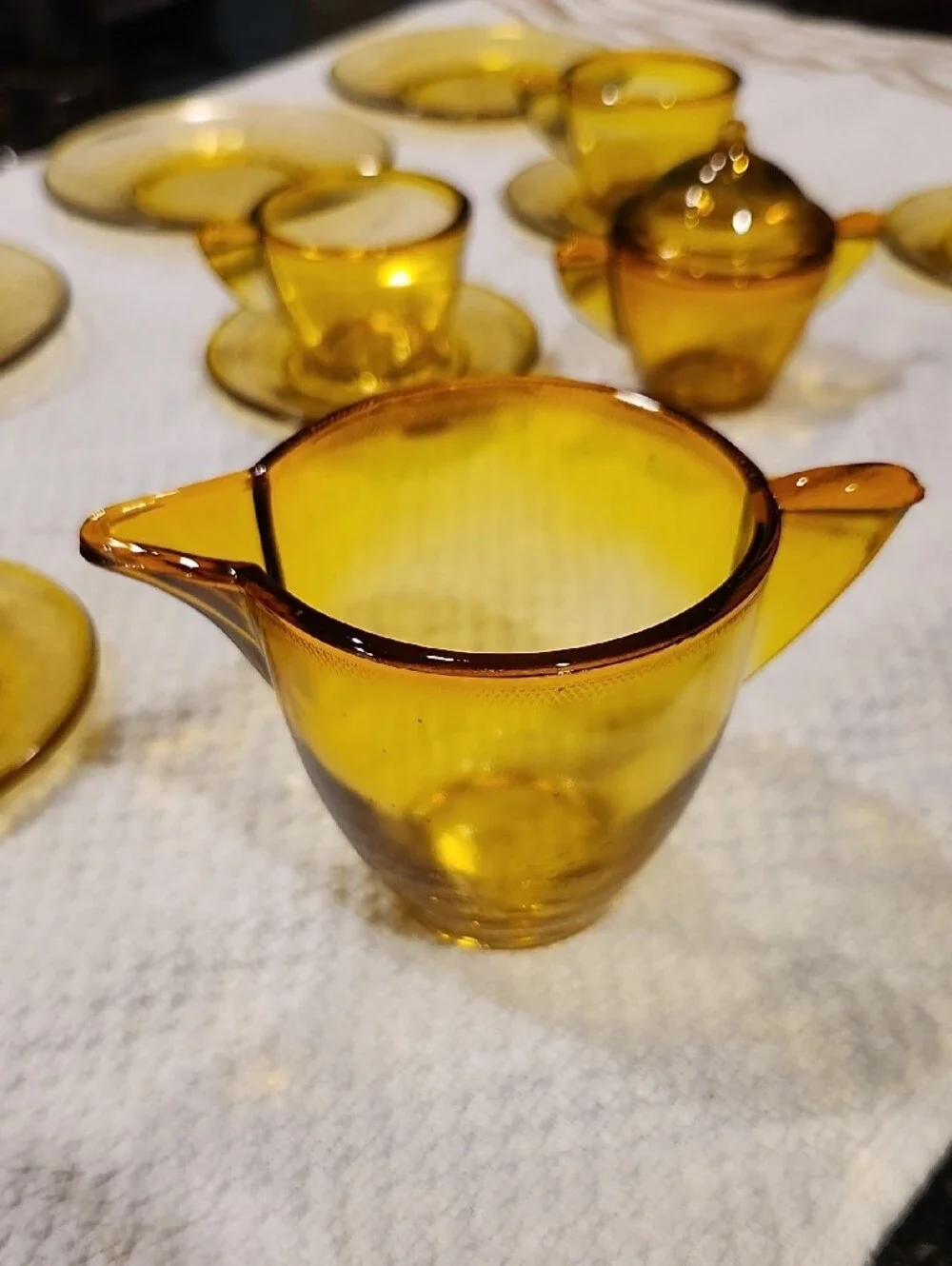 Child's VINTAGE Topaz Glass Tea Set - Elegant Amber Cups and Saucers